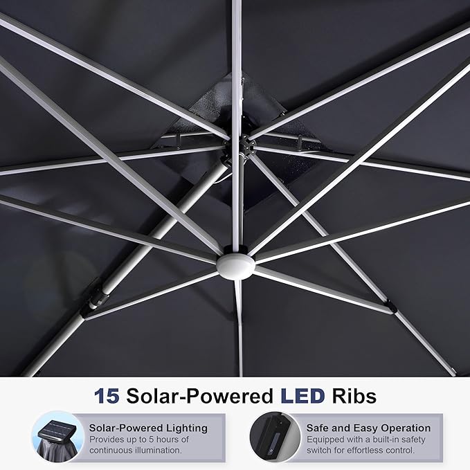 PURPLE LEAF 9 Feet Double Top Deluxe Solar Powered LED Square Patio Umbrella Offset Hanging Umbrella Outdoor Market Umbrella Garden Umbrella, Grey