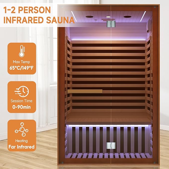 RIGO Sauna Infrared Far Infrared Sauna for Home Sauna 2 Person with Hemlock Wood Dry Sauna for Home Infrared Sauna 2 Person Low EMF Indoor Sauna for Two Person in Home Sauna 1950W with Speakers