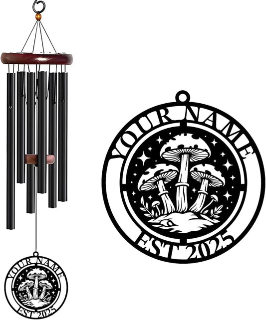 Personalized Customize Name Fantasy Mushroom Wonderland Wind Chime, Metal Iron 37 Inch Outdoor Memorial Gift for Garden Yard Patio Home Decor, Black (Style G)