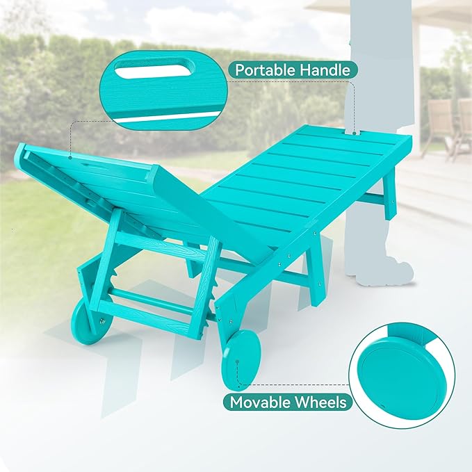 Outdoor Chaise Lounge Chairs, 26.8” Super Wide Lounge Chair Outdoor, HDPS Pool Chairs with 5 Positions, Patio Lounge Chair with Wheels for Pool,Lawn,Backyard, Aruba Blue