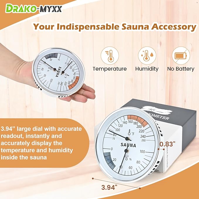 Upgraded Sauna Backrest Sauna Accessories, S-Shaped Design with Non-Slip Pads, Handmade Infrared Sauna Kit, 2 in 1 Thermometer Hygrometer (Fahrenheit) Temperature: 70-250°F, Humidity: 0-100%