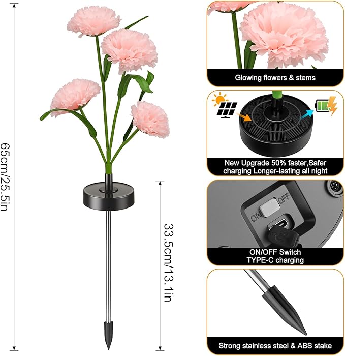 Solar Flowers Lights - Upgraded Outdoor Carnation Flowers Lights, 7-Color Changing & Waterproof Outdoor Solar Lights for Garden, Patio, Backyard,Party and Office (Carnation, 4)