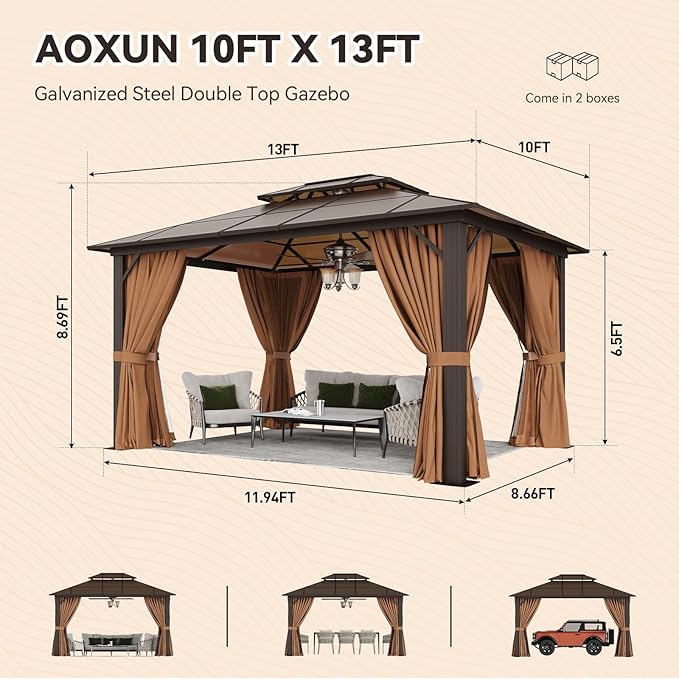 Aoxun 10'x13' Hardtop Gazebo, Aluminum Frame Permanent Pavilion with Netting and Curtains, Outdoor Polycarbonate Double Roof Canopy, Designed for Lawn, Garden, Patio (Khaki)