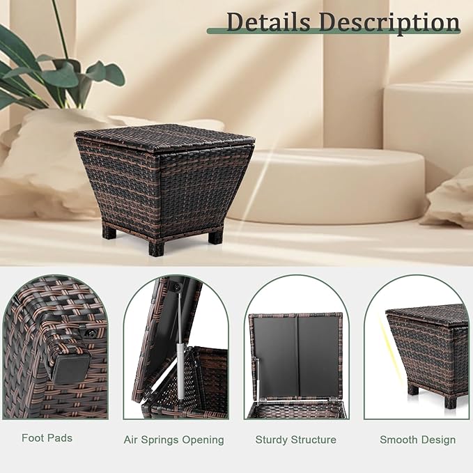 Outvita Outdoor Side Table, Rattan Coffee Table with Storage 13 Gallon Patio Small Deck Storage Box for Cushion Towel Books, Brown Side Table with lid