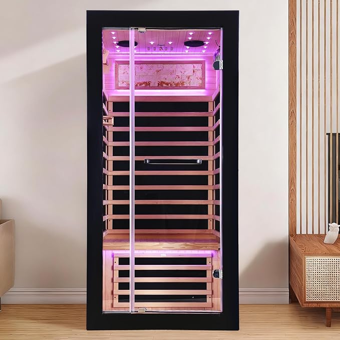 Sauna Indoor Far Infrared Saunas Home 1 Person Canadian Hemlock 1450W Low-EMF Dry Spa Sauna with Oxygen Bar, 7 Color Therapy, 7 Heating Plates, Intelligent Control Panel, Speakers (33.5*33.5*69 IN)