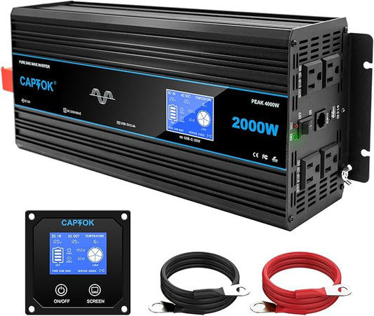 2000W Pure Sine Wave Inverter DC 12V AC 120V Double LCD Screen Remote Control Power Inverter 30W USB-C 4AC Outlets for RV, Home, Solar System