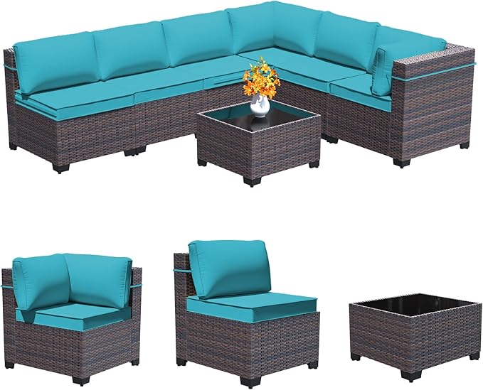 Outdoor Patio Furniture Set, 7 Pieces Outdoor Furniture All Weather Patio Sectional Sofa PE Wicker Modular Conversation Sets with Coffee Table,6 Chairs & Seat Clips(Turquoise Blue)