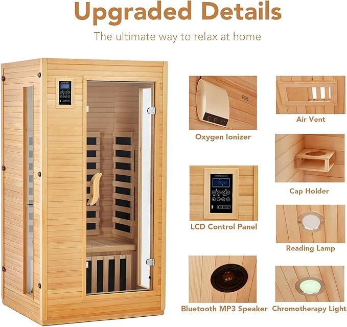 Garvee 2025 Upgrade 1 to 2 Person Sauna, 6 Heating Plate Infrared Physical Therapy Wooden Dry Steam Sauna, Low EMF, MP3 Auxiliary Connection, Dual Controls Inside and Outside Fits, Home Spa Day Use