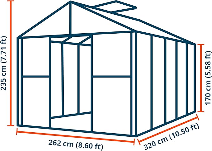 Greenhouse Rubin 5 Aluminum Frame 8.6 x 10.5 ft with Approx. 10 mm Polycarbonate Panels - with 2 Extra Skylights and 4 Automatic Window Openers