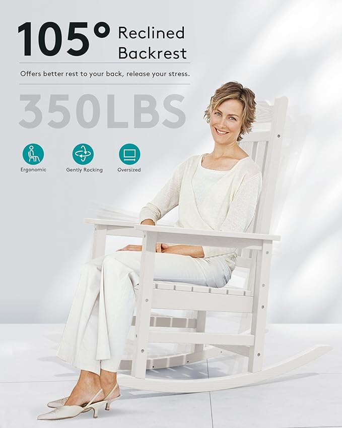 SERWALL Outdoor Rocking Chair Set of 6, Patio Rocking Chair Sets, HDPE Rocking Chair for Adults, White