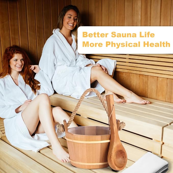 6L-1.6Gal Cedar Wood Sauna Bucket and Ladle Set, Handmade Wooden Sauna Bucket with Ladle, 14.5″ Sauna Ladle,Premium Pine Sauna Accessories Kit for Steam Sauna, Natural Wooden Bucket for Sauna
