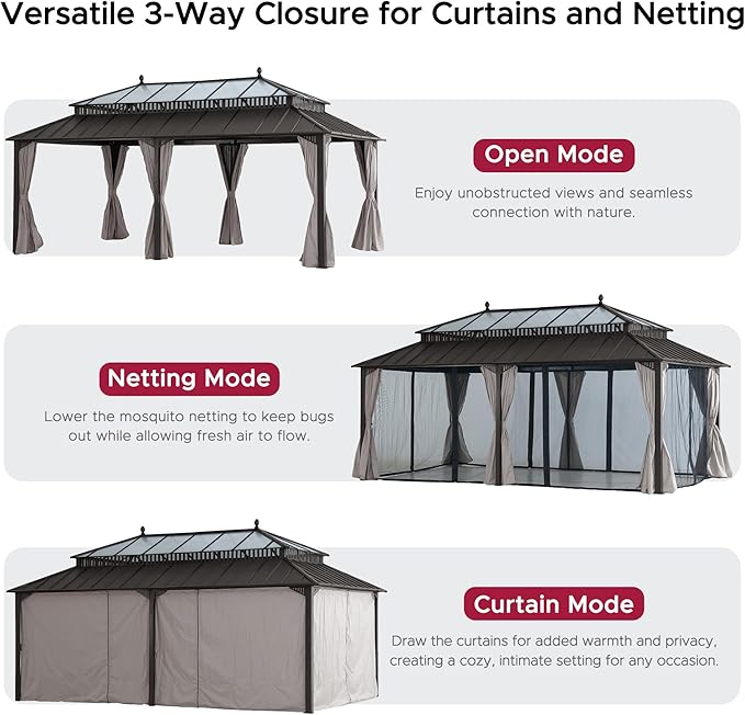 SUNJOY Kingston 20' x 12' Hardtop Gazebo with Galvanized Steel/Polycarbonate Double Roof, Curtain and Netting, Brown Aluminum Posts Permanent Pavilion Gazebo for Garden, Patio, Deck, Lawn