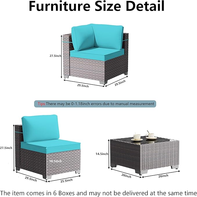 Outdoor Patio Furniture Set, 14 Pieces Outdoor Furniture All Weather Patio Sectional Sofa PE Wicker Modular Conversation Sets with Coffee Table,12 Chairs & Seat Clips(Turquoise Blue)