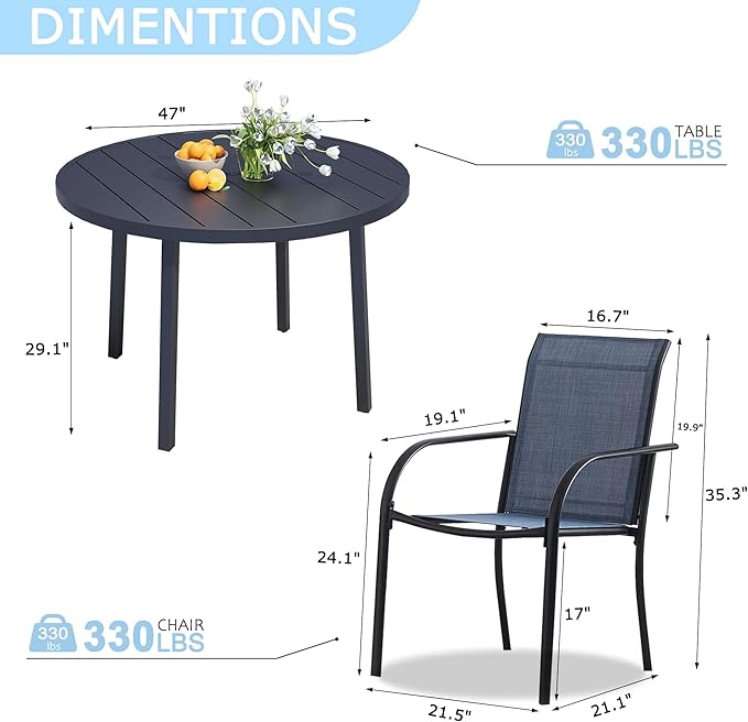 7 Pieces Round Dining Table Set for 6, Patio Dining Set Includes 6 Dark Blue Stackable Patio Chairs and 1 Black Round Table Set of 6, Patio Furniture Sets with Sling Support for Outside, Garden