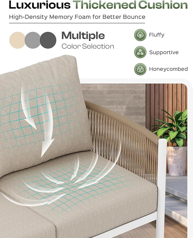 Aluminum Outdoor Patio Furniture Set, HDPE Rope 5 Piece Modern Sectional Conversation Sets with Dual-Layer Coffee Table, All Weather Patio Couch Sofa with Thick Cushions, White Frame, Ivory