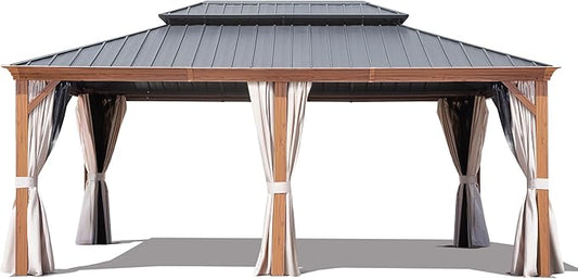 12' X 18' Double-Tier Hardtop Gazebo, Thermal Transfer Faux Wood Metal Gazebo with Galvanized Steel Roof Curtain and Netting, Permanent Gazebo Pavilion for Patio, Backyard, Deck, Lawn