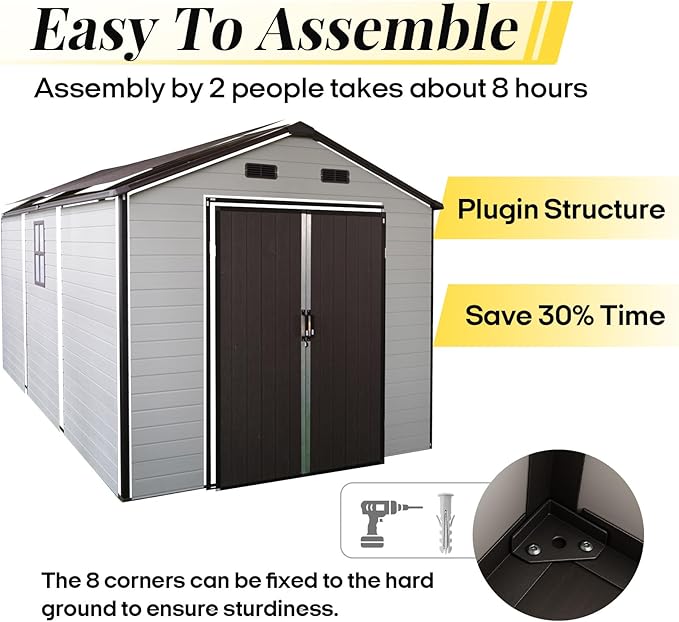 8x14 FT Resin Storage Sheds Outdoor with Floor Included, Plastic Sheds & Outdoor Storage Clearance with 2 Windows and Lockable Door, Backyard Storage Sheds for Garden Tools, Brown+White
