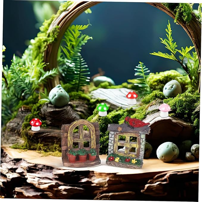 DOITOOL Resin Sculpture, 2 PCS Fairy Garden Door Accessories Miniature Window for Tree, Green with Pink Flower, Indoor/Outdoor Use, Gnome Themed Gift