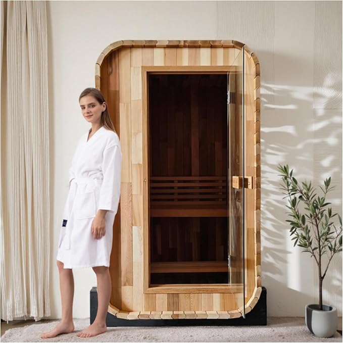 ZONEMEL Outdoor Steam Sauna for 2 Person, Canadian Red Cedar Sauna Room with 4.5KW Heater, 8mm Tempered Glass, Floor Kit, 220V (0-195 °F)