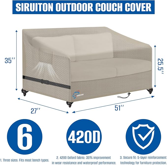 SIRUITON 2-Seat Garden Patio Sofa/Loveseat/Bench Cover 51" W x 27" D x 35" H,Heavy Duty 420D Oxford Waterproof Outdoor Sofa Cover, Lawn Patio Furniture Covers