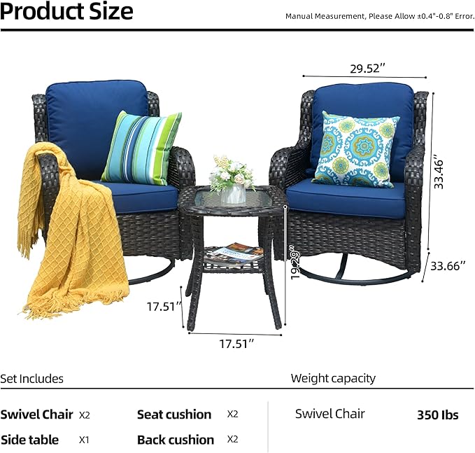HOOOWOOO Patio Furniture Set,3 Piece Outdoor Furniture with Swivel Chairs,Wicker Patio Bistro Chairs Set,Navy Blue