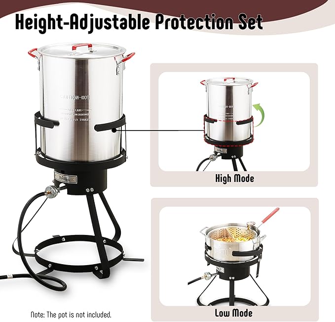 10 Qt Aluminum Outdoor Propane Gas Fish Fryer Pot Kit with Strainer Basket, 50,000 BTU Burner, Adjustable 0-5 PSI Regulator, Perfect for Boiling and Frying