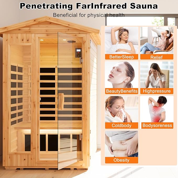 Far Infrared Sauna Room for 2 Persons Low EMF Home Indoor/Outdoor Saunas Canadian Premium Hemlock Wood-Sweating Detox-Colored Light Spectrum-LCD Display-Bluetooth