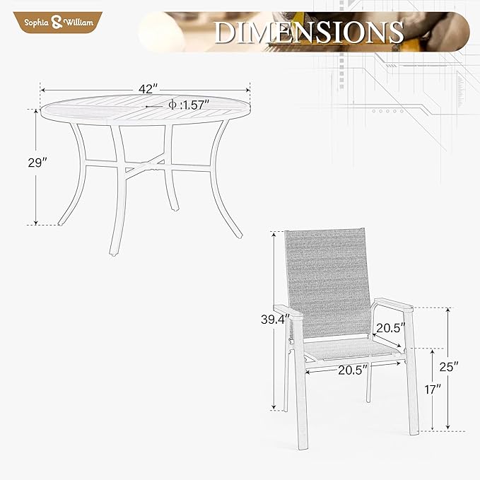 Sophia & William Patio Sets 5 Pieces, Lightweight Aluminum Dining Chairs with 42" Round Metal Dining Table, Stackable and Easy to Move for Lawn Garden Yard Porch (Beige)