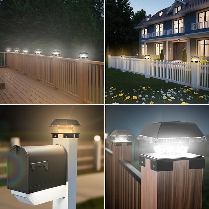 INDARUN Solar Post Cap Lights, Solar Fence Deck Post Lights Outdoor Fit 4x4 5x5 6x6 Wood Posts, Vinyl 4x4 Post Caps, 120 Lumen, Cool White & Warm White, Landscape Lighting for Patio, Porch, Yard