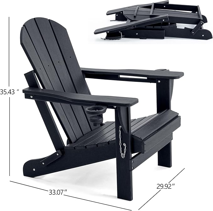 Folding Adirondack Chair, HDPE Outdoor Texture Lawn Chair with Reclining Back, Cup and Phone Holder - Comfortable Firepit Chair Weather Resistant for Patio or Backyard (Dark Black, Set of 4)