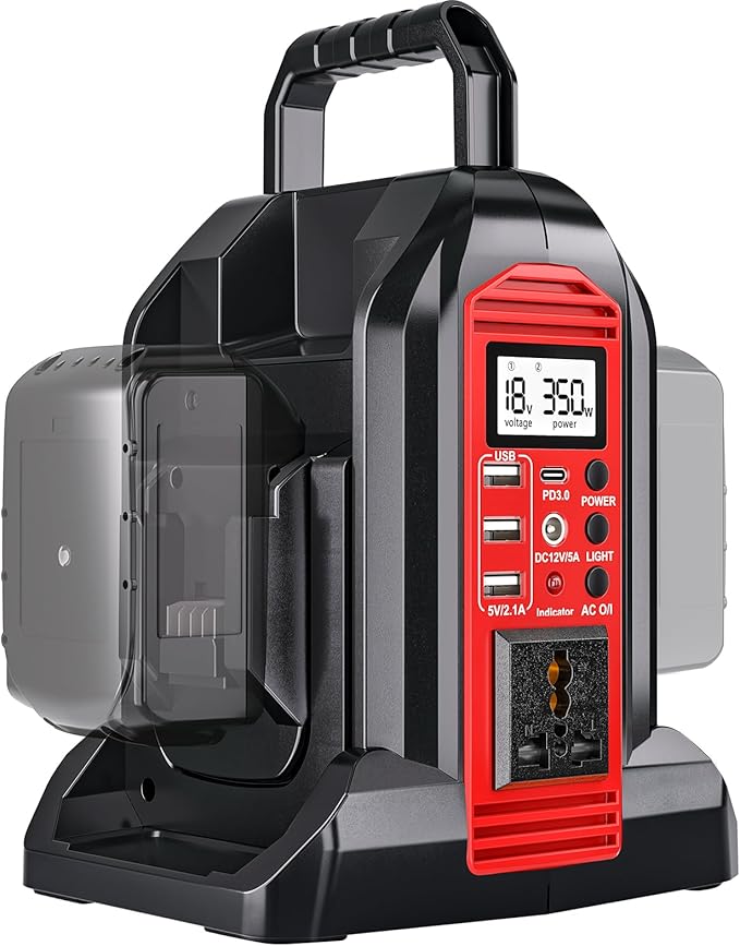 350W Power Inverter for Milwaukee 18V Li-ion Battery, 20V to 110V Pure Sine Wave Inverter with LED Light, Power Station Car Adapter Compact&Lightweight for Cars, Camping, Outdoor Use(Tool Only)