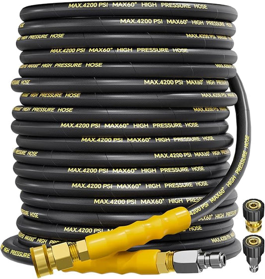 4200PSI Pressure Washer Hose 75FT with 3/8" Swivel Quick Connect for Cold/Hot Water, Kink Resistant Steel Wire Braided, Wear Resistant Power Washer Hose with 2 M22 14mm Adapter Set