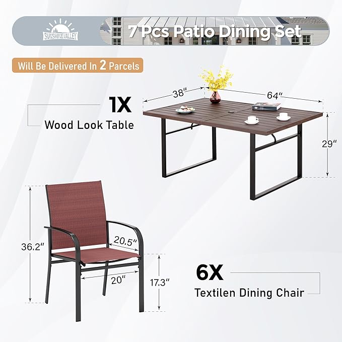 7 Piece Patio Dining Set for 6, 64”Rectangular Wood-Like Dining Table with Umbrella Hole, 6 Metal Red Chairs, Outdoor Table and Chairs Set for Lawn Backyard and Deck