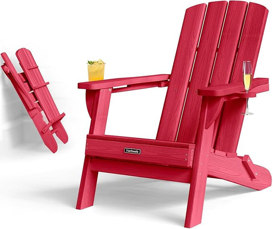 Folding Adirondack Chair with Wood Texture, HDPE All-Weather Fire Pit Chairs, Plastic Adirondack Chairs with 2 Cup Holder, Outdoor Lawn Chair for Patio Garden (Red)