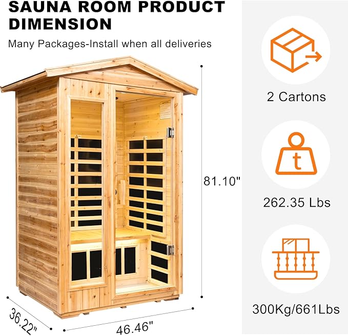 Far Infrared Sauna Room for 2 Persons Low EMF Home Indoor/Outdoor Saunas Canadian Premium Hemlock Wood-Sweating Detox-Colored Light Spectrum-LCD Display-Bluetooth