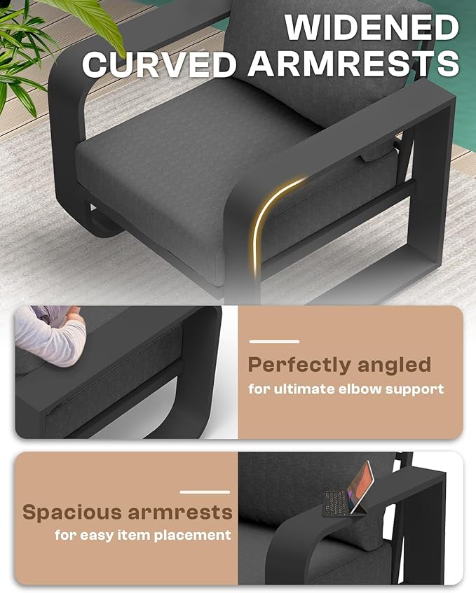 Aluminum Outdoor Patio Furniture Set 4 Piece, Oversized Patio Conversation Sets Widened Armrest & Ultra-Thick Cushions, Deep Seating Modern Sectional Furniture for Backyard, Deck, Graphite