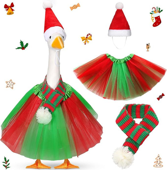 3 Pcs Christmas Porch Goose Outfit for 23'' Lawn Porch Goose Statue Clothes Santa Hat Tutu Costume for Xmas Yard Lawn