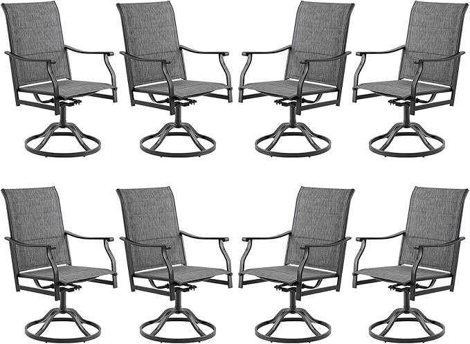 Swivel Patio Chairs Set of 8, Outdoor Patio Dining Chairs with Padded Textilene, Swivel & Rocker Metal Outdoor Dining Chairs All-Weather for Backyard, Grey Fabric with Black Frame