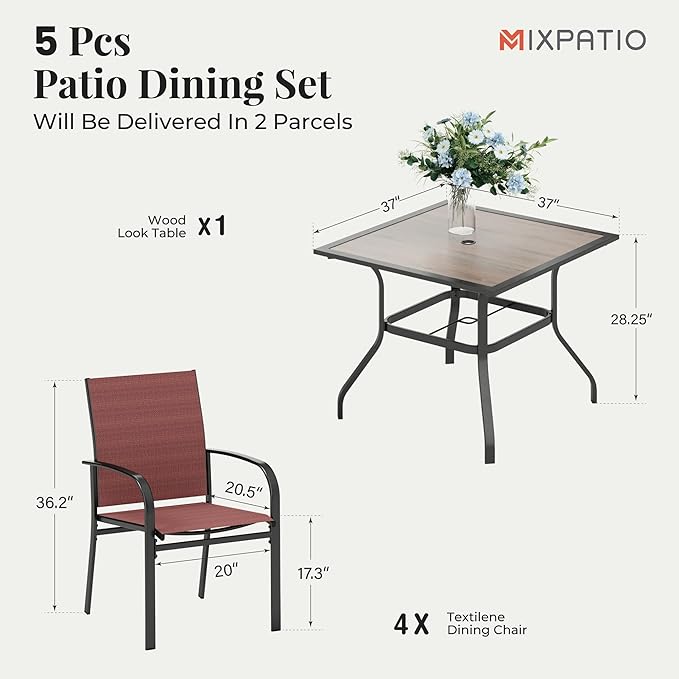 5 Pieces Patio Table and Chairs Set, 4 Person Outdoor Dining Furniture Set, 4 Red Textilene Chairs and 37" Wood-Like Table Top Table with Umbrella Hole, for Deck Backyard Lawn