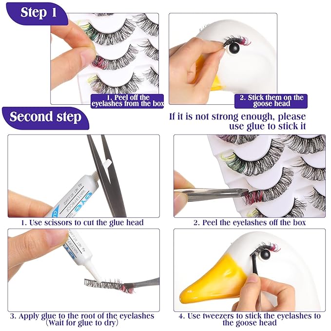 Geelin 7 Pcs Porch Goose Outfit Eyelash for 23/17'' Plastic Lawn Goose Statue Mink Fake Lashes with Color End 3D Salon Eyelashes Reusable for Lawn Patio Art Decoration