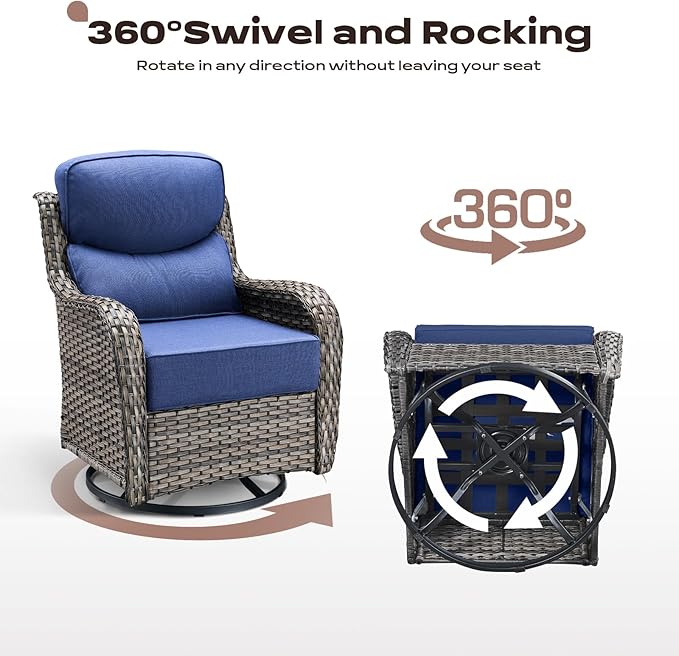 Rilyson Wicker Outdoor Patio Furniture Set - 7 Piece Patio Conversation Sets with Swivel Rocker Chairs, Ottomans and Sofa, 6 inch Cushions, Waterproof Wicker, for Porch Deck Mixed Grey/Blue