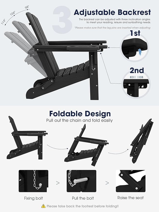KINGYES Adjustable Folding Adirondack Chair with Footrest & 4-in-1 Multi-Functional Armrest Organizer Set of 4, HDPE Foldable Reclining Adirondack Chair with Pull-Out Ottoman, Black