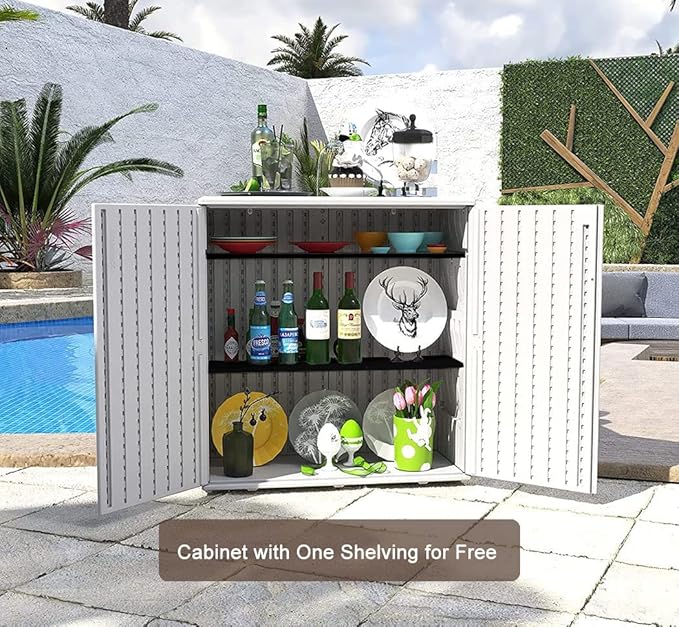 KINYING Outdoor Storage Cabinet Waterproof with Doors, 60 Gallon Resin Deck Box for Patio Furniture Cushions, Garden Tools, Pool Tools and Kids’ Toys (Off-White with 1 Shelving)