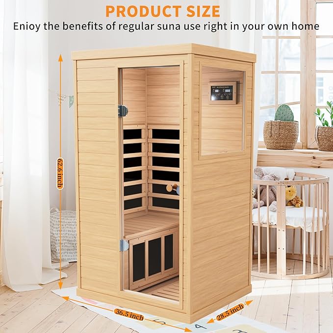 Infrared Wooden Sauna 1 Person Infrared Saunas for Home Dry Sauna for Home,Low Emf Infrared Sauna 1050W Indoor Saunas,Traditional Sauna,Bluetooth Speakers, Reading Lamps,Room:63 * 28.74 * 36.61Inch