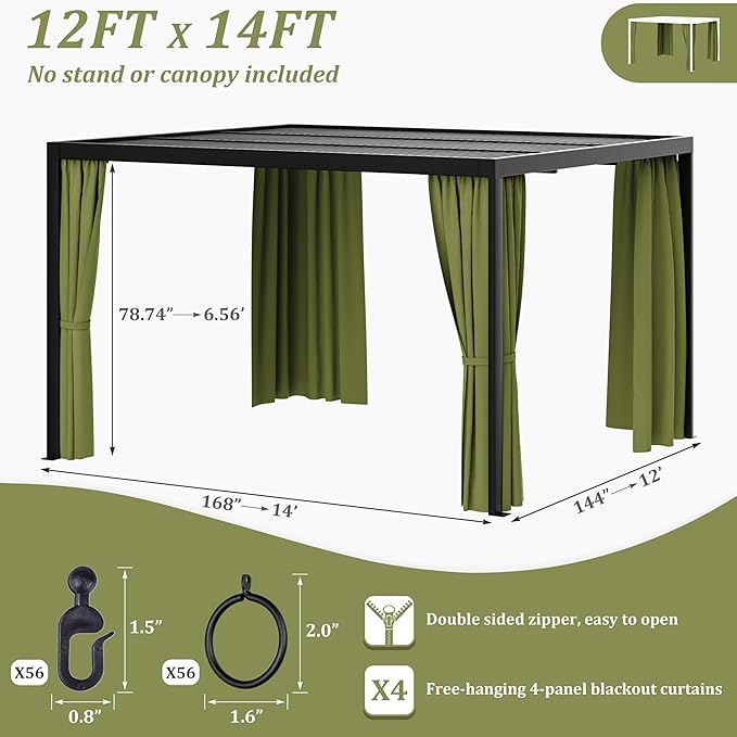 Gazebo Universal Replacement Privacy Curtain,12'×14' Gazebo Outdoor Waterproof Curtains, 4-Panels Sidewall Curtains with Double Zipper for Patio Canopy, Garden and Backyard (Curtain Only)