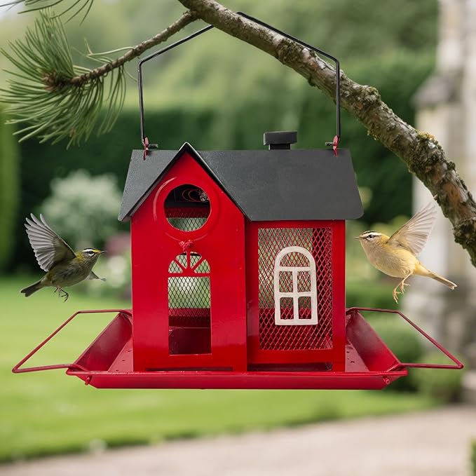 Solar Bird Feeder House for Outdoors – Red Metal Hanging Bird Feeder with Solar Light, Decorative Bird House Feeder for Cardinals, Finches, and Wild Birds, Weatherproof Backyard Garden Decor