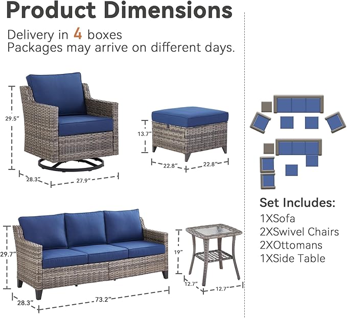 Patio Furniture Set, 6 Pieces Outdoor Wicker Rattan Sofa Couch with Swivel Rocking Chair, Side Table, Ottoman and Comfy Cushions, All Weather Patio Conversation Sets, Suit for Porch