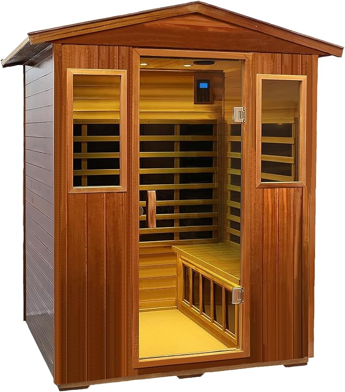 Outdoor Sauna 4 Person Low EMF Far Infrared Sauna for Home, 2050W Mahogany Wooden Sauna Room for Outdoor Indoor Home, with Blue-Tooth, LCD, LED