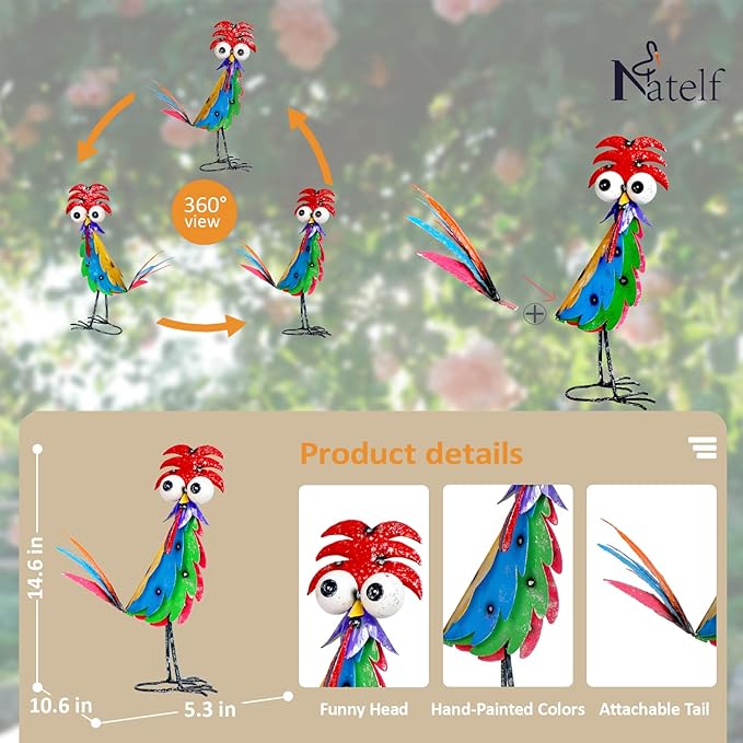 Natelf Outdoor Wacky Metal Rooster Yard Statue Decoration Roosters Decor Garden Statues Chicken Figurine Outside Decorations for Courtyard