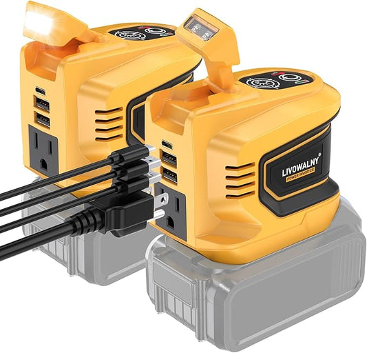 2 Packs Power Inverter Compatible With Dewalt 20V, LIVOWALNY Real 200W Battery Inverter 20V to 110V Power Adapter Charger Adapter Power Station Power Supply 2 USB & 1 Type-C & 1 AC Outlet (No Battery)